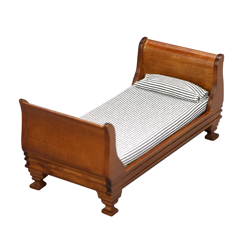 Brown Striped Vintage Miniature Single Bed — custom doll clothing and miniature accessory