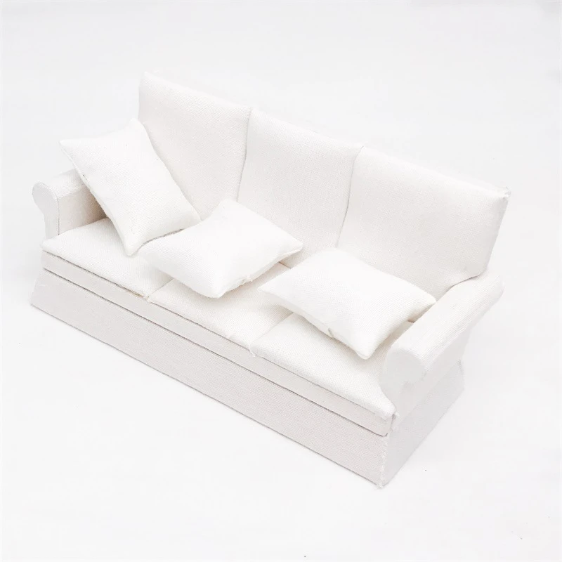 Miniature Three-Seat Sofa with Cushions — custom doll clothing and miniature accessory